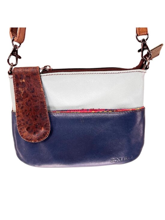 Soruka Handbags - Soruka Leather Crossbody Bag Colorblock Blue Brown Adjustable Strap Zip Pockets